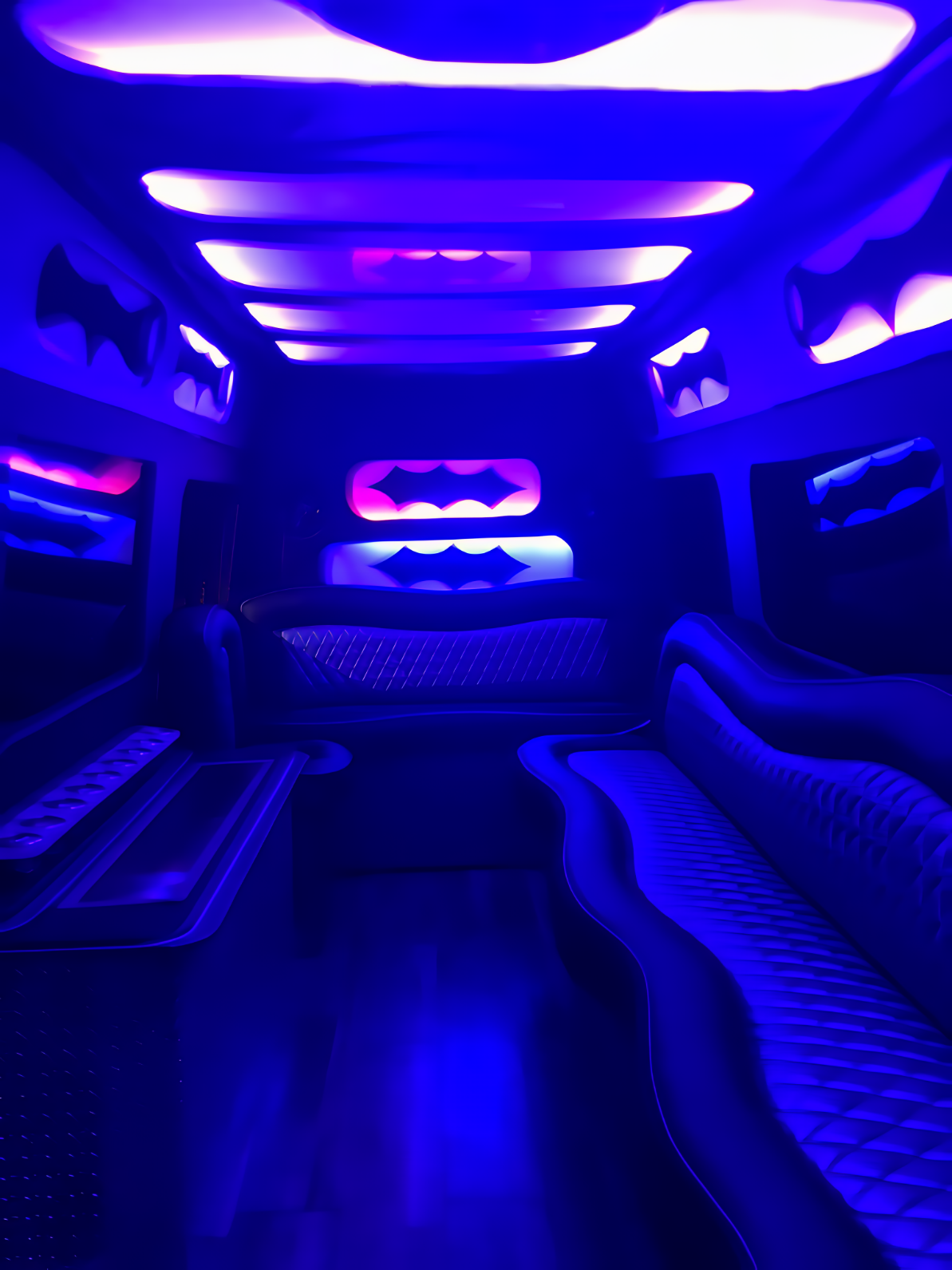 Alternative angle of 13 passenger Limo Sprinter interior showing full cabin and lighting