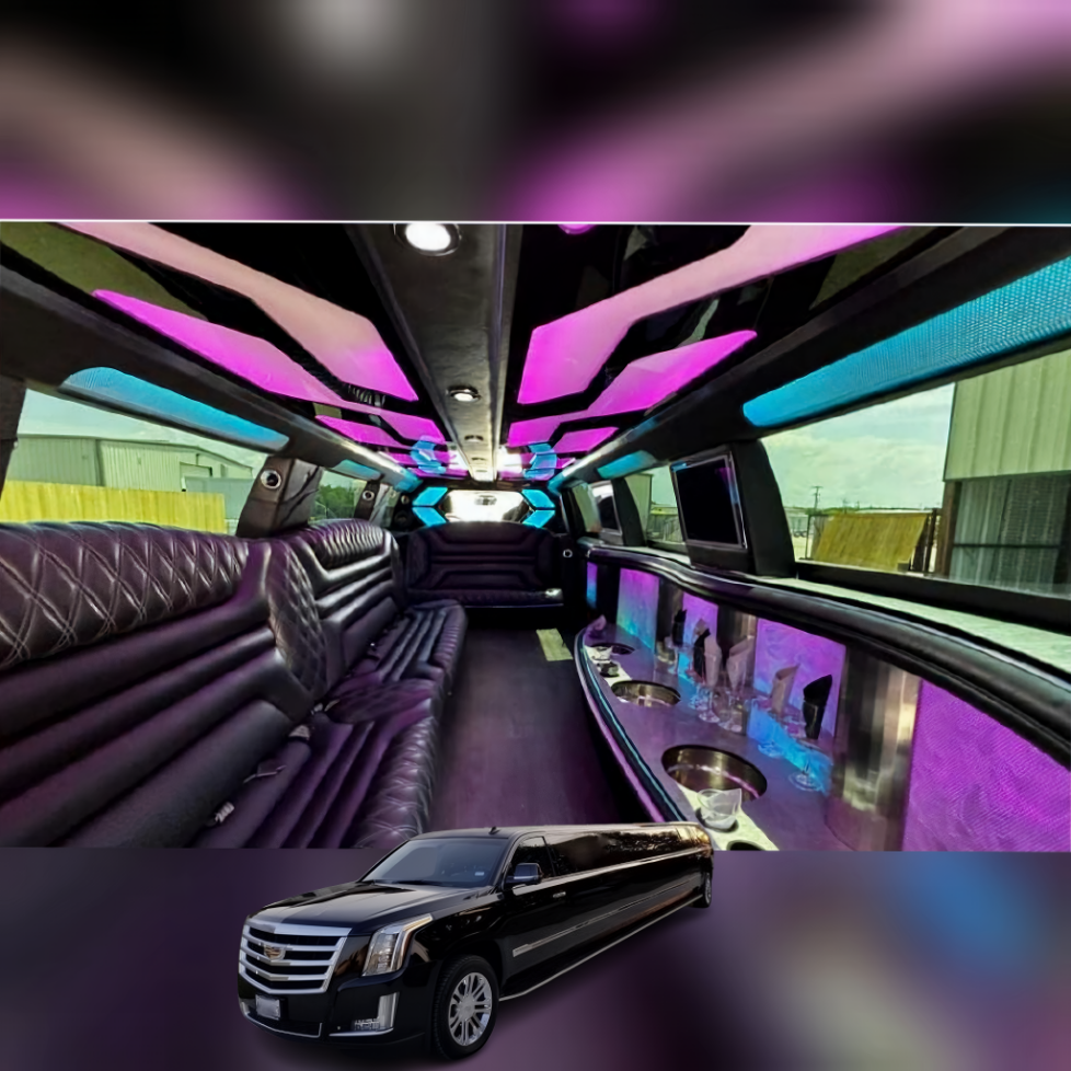 Black 18-passenger Cadillac Escalade stretch limousine interior and exterior