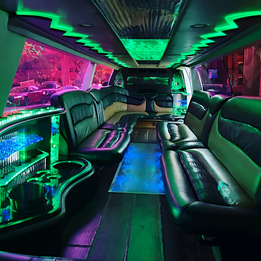 Interior of white Cadillac Escalade stretch limousine with elegant cabin seating