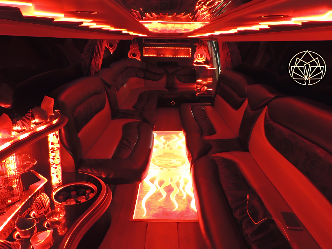 Interior of 18-passenger stretch limousine with premium seating and LED lighting