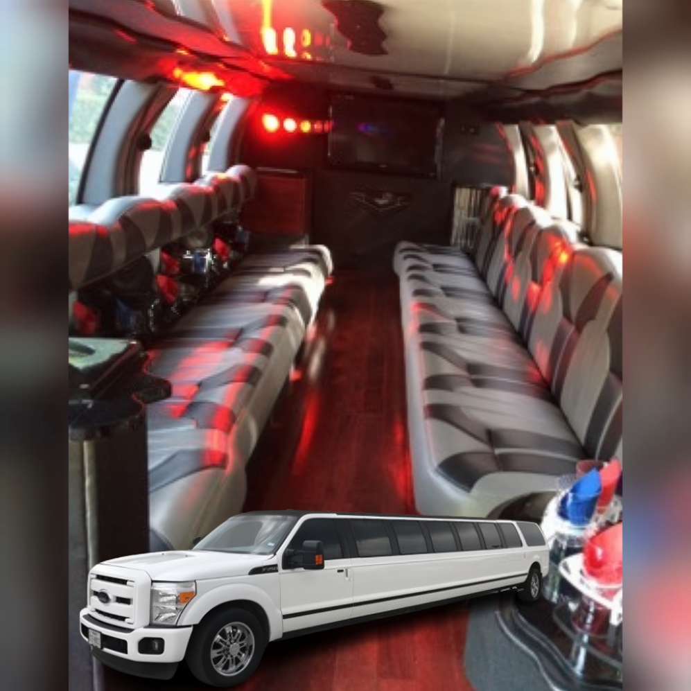 18-passenger Ford F350 stretch limousine interior and exterior