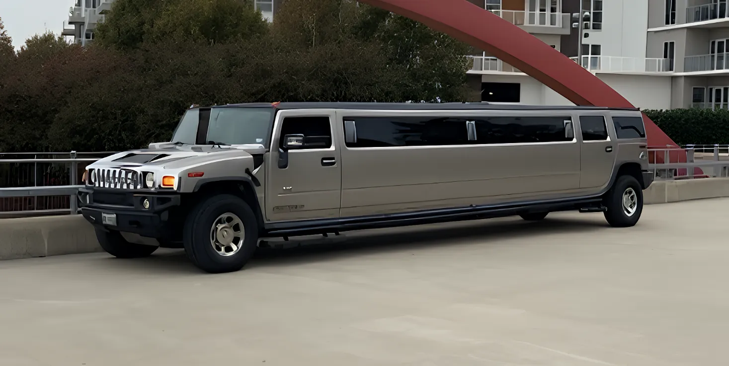 White leather interior of champagne 18-passenger stretch limousine