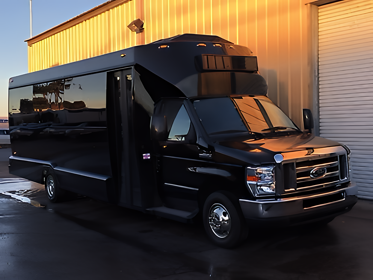 Black 20-passenger party bus exterior for DFW group events