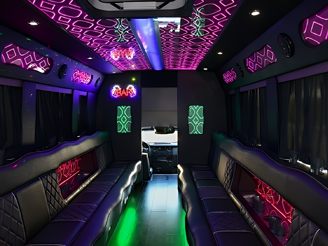 20-passenger party bus interior with LED lighting and dance floor for DFW prom
