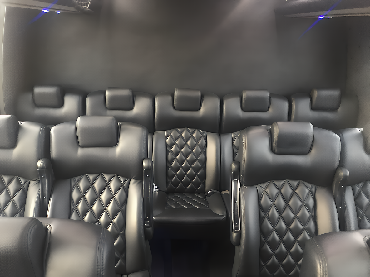 Forward facing row seating inside a 25 passenger minibus