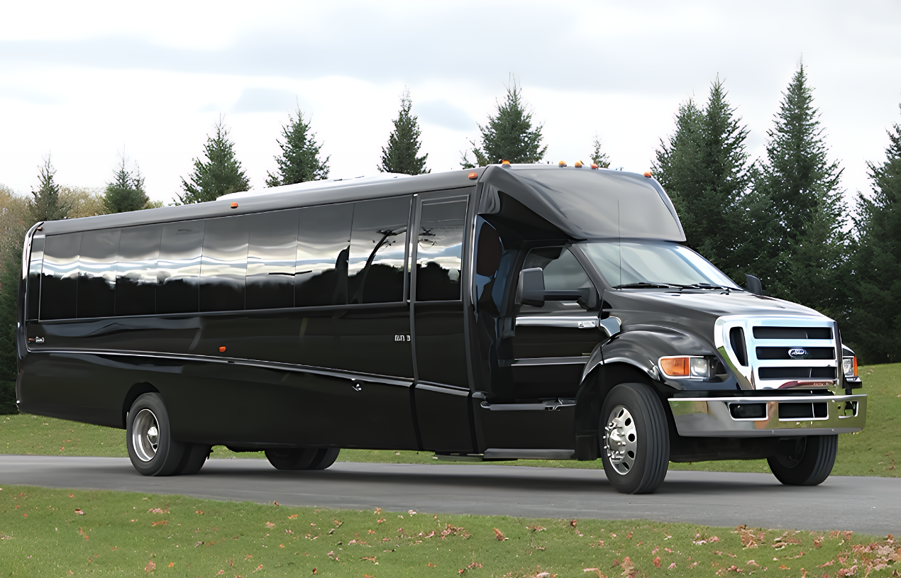 Black 31-passenger executive bus for DFW corporate retreat and interstate charter transportation