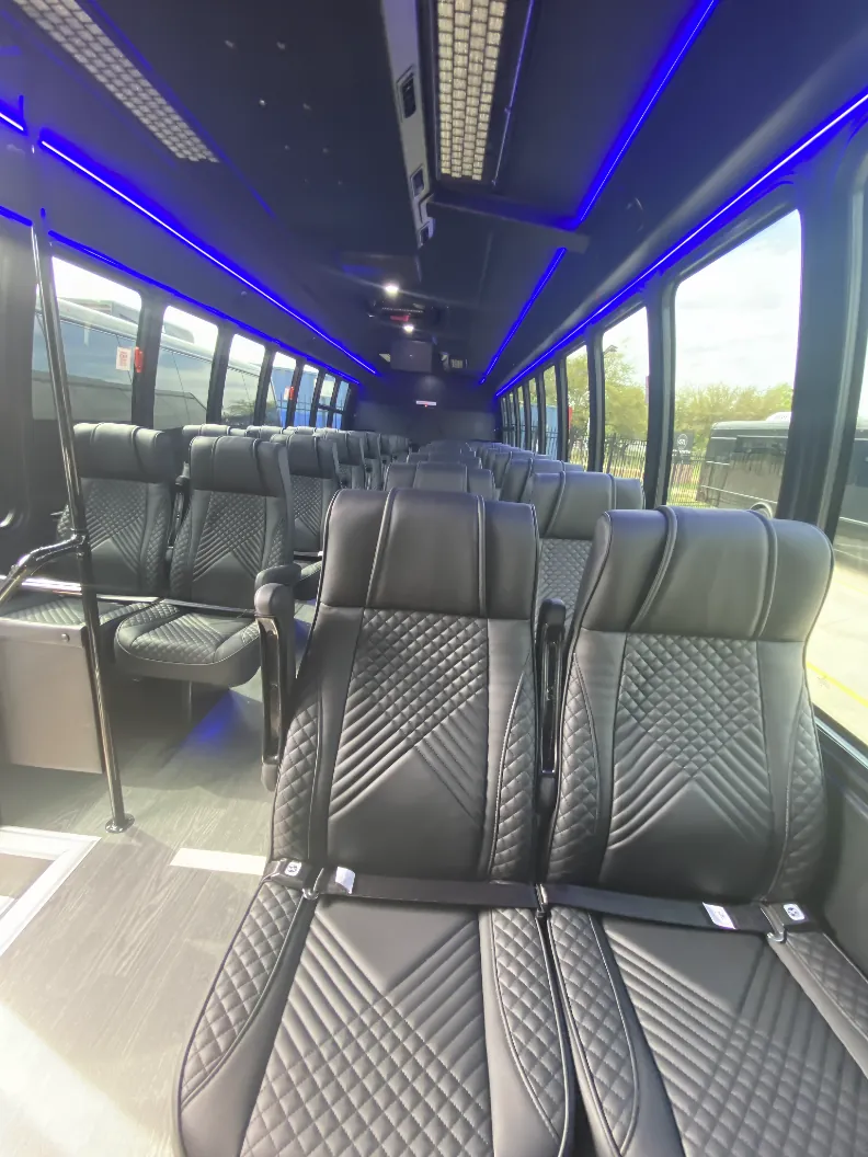 Executive interior of 31-passenger bus with forward-facing leather seating and overhead racks