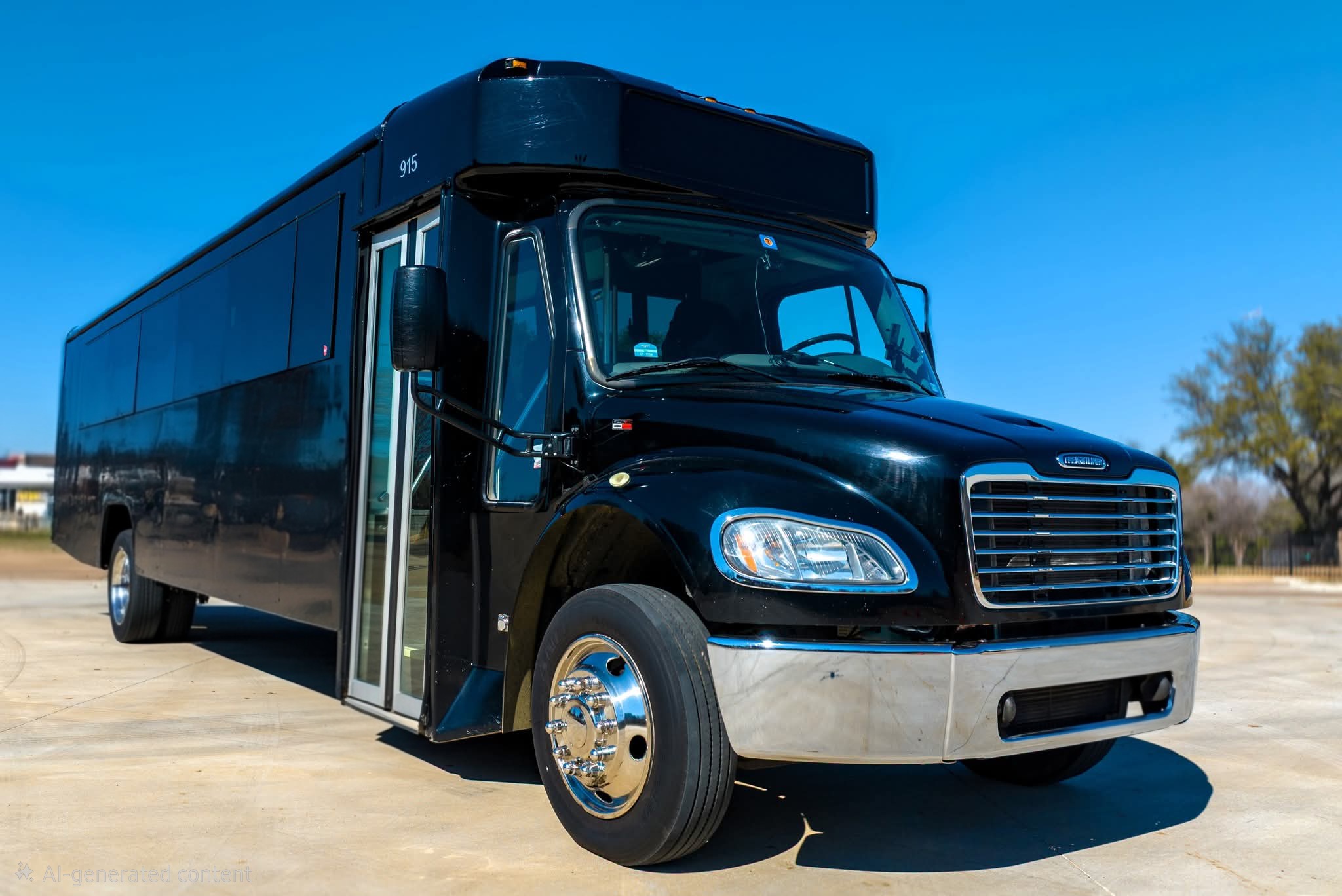 Black 34-38 passenger executive mid-size bus exterior for DFW corporate group travel