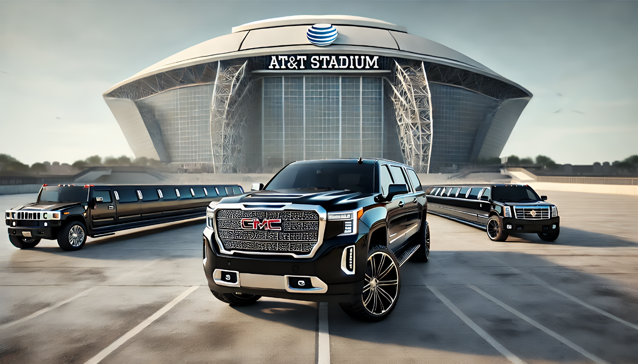 Heavy-duty GMC Yukon XL staged outside AT&T Stadium for VIP transportation from Saginaw, TX