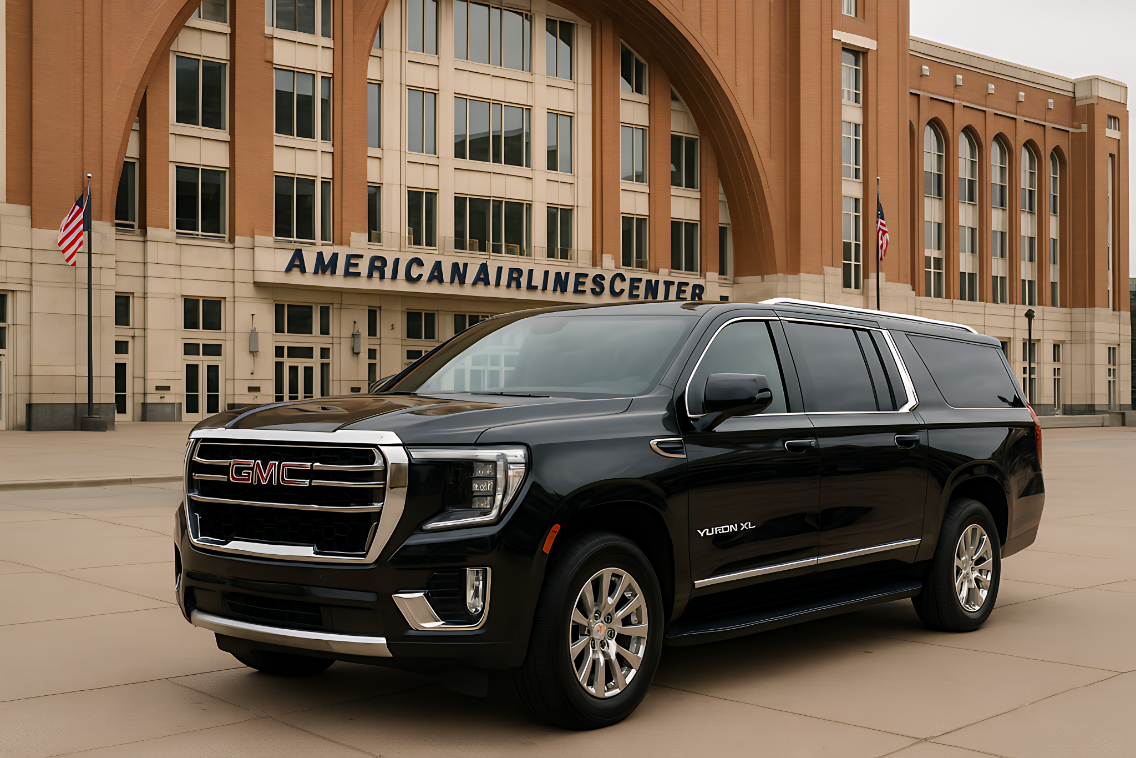 Chauffeured black GMC SUV parked outside the American Airlines Center in Dallas — Mavericks and Stars