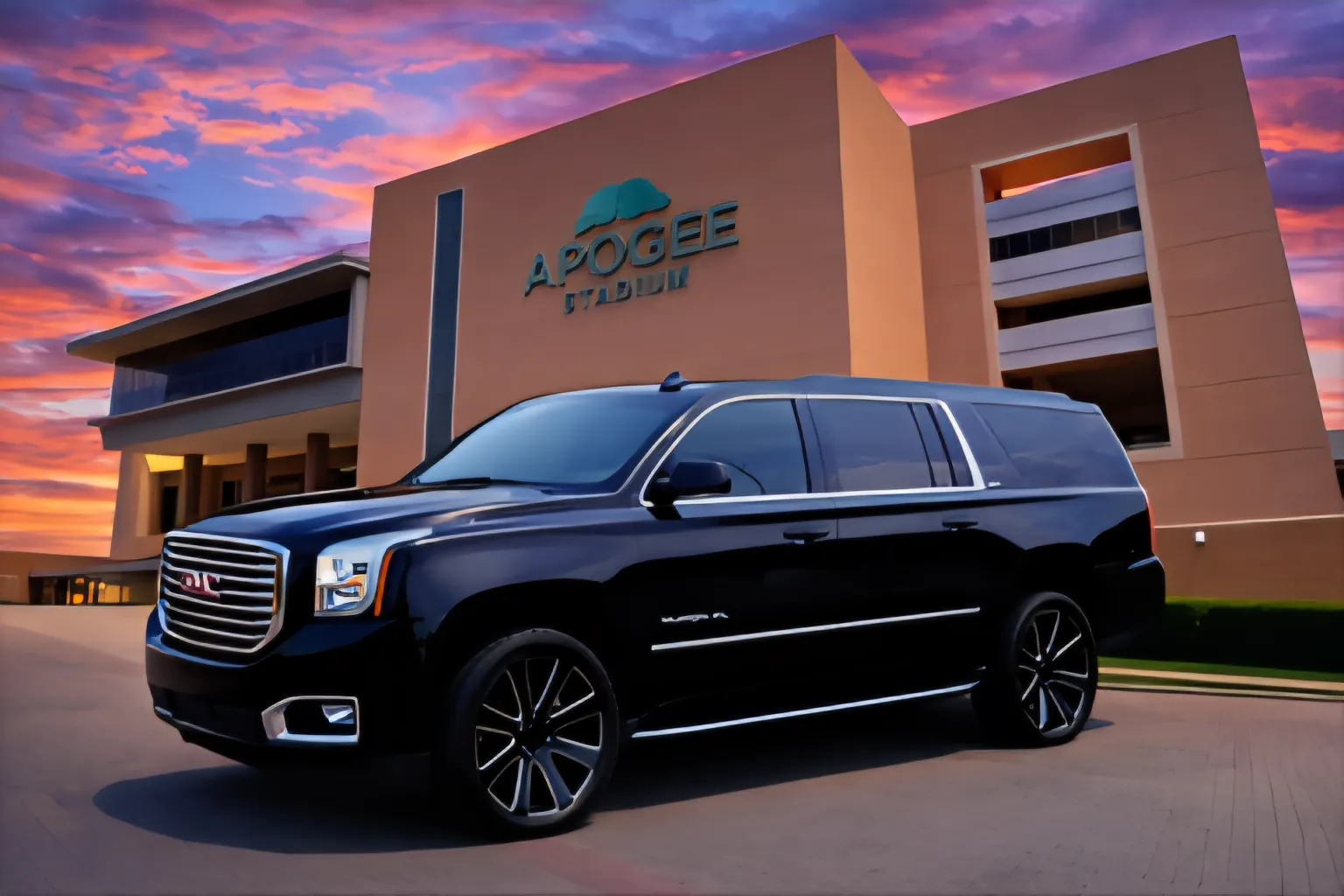 Black executive SUV staged at Apogee Stadium UNT Denton for college football game day transportation