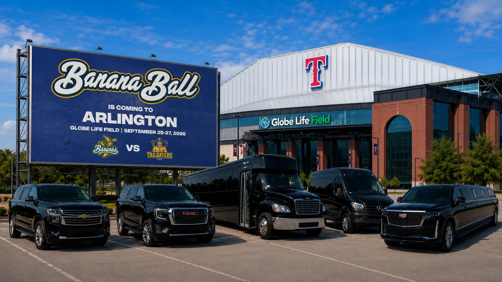 Banana Ball (Savannah Bananas vs. Texas Tailgaters) at Globe Life Field Arlington Friday–Sunday, September 25–27, 2026 black car service