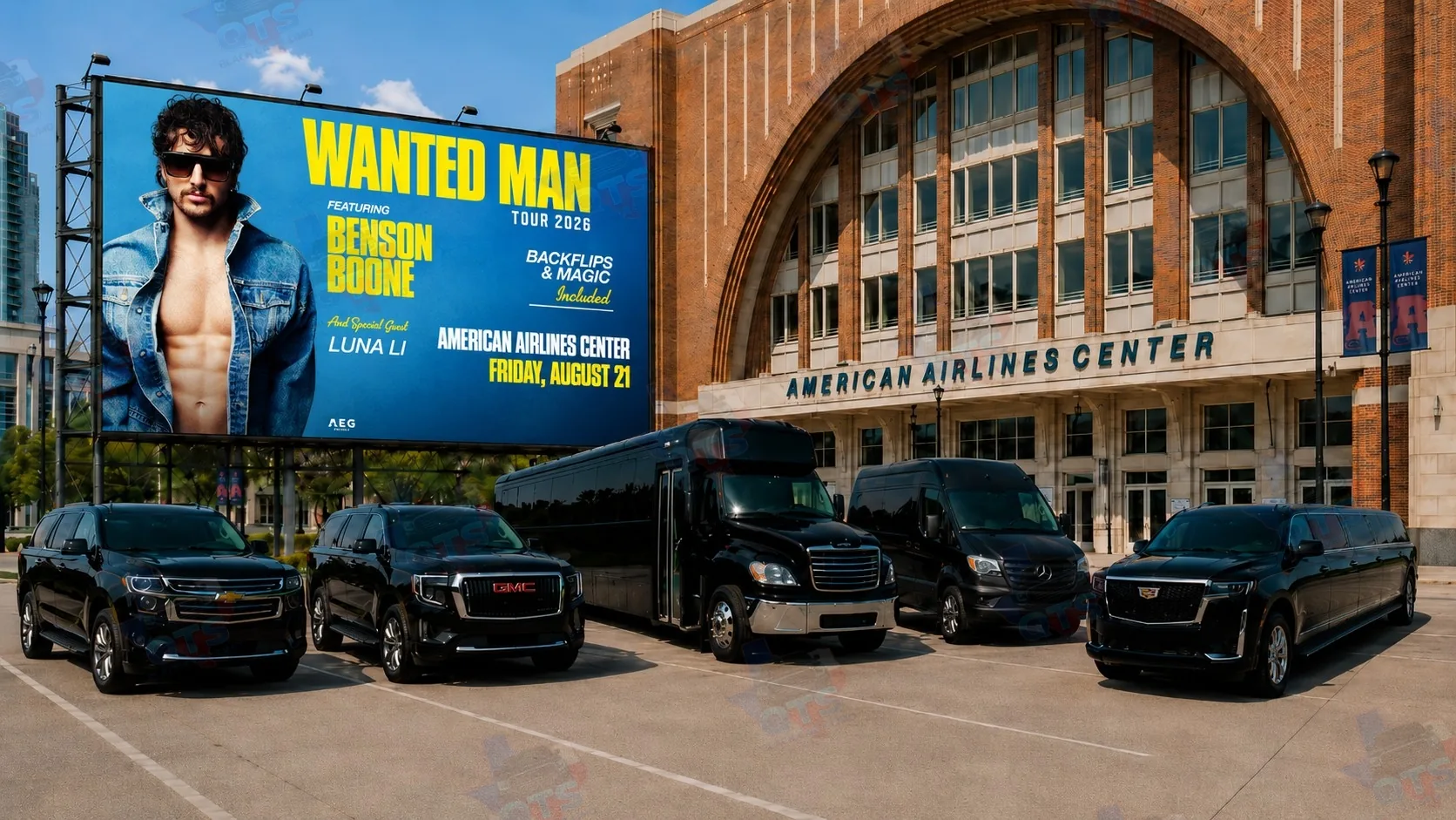 American Airlines Center Dallas — black car service for Benson Boone Wanted Man Tour with Luna Li August 21 2026
