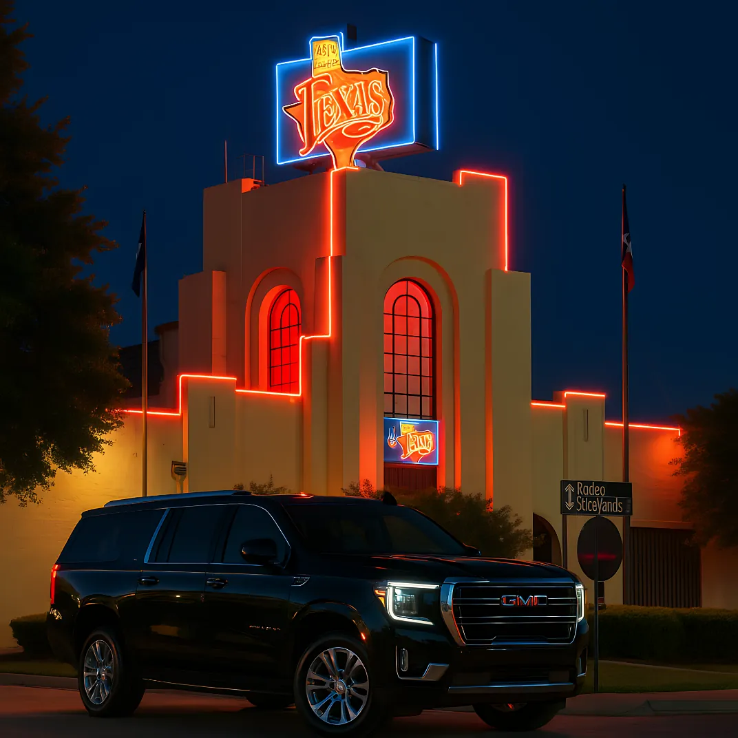 GMC Yukon XL staged at Billy Bob's Texas Fort Worth Stockyards for designated chauffeur and late night Mule Alley transportation Tarrant County