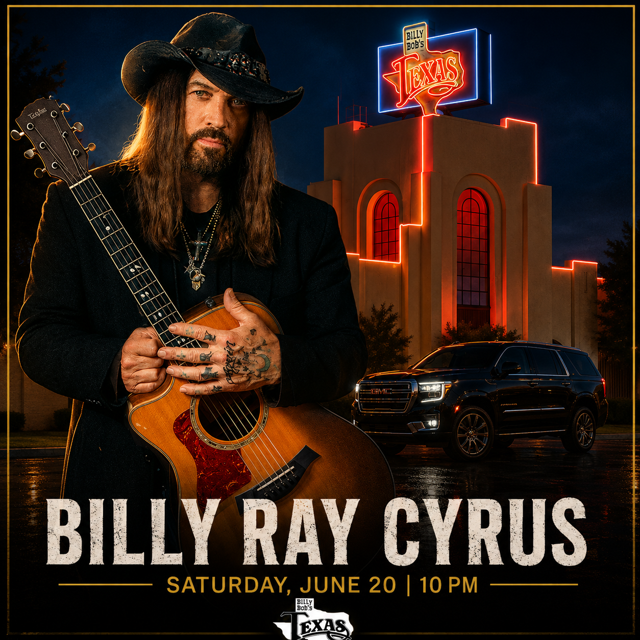 Billy Ray Cyrus at Billy Bob's Texas Fort Worth — Saturday June 20 2026 — QTS Black Car transportation