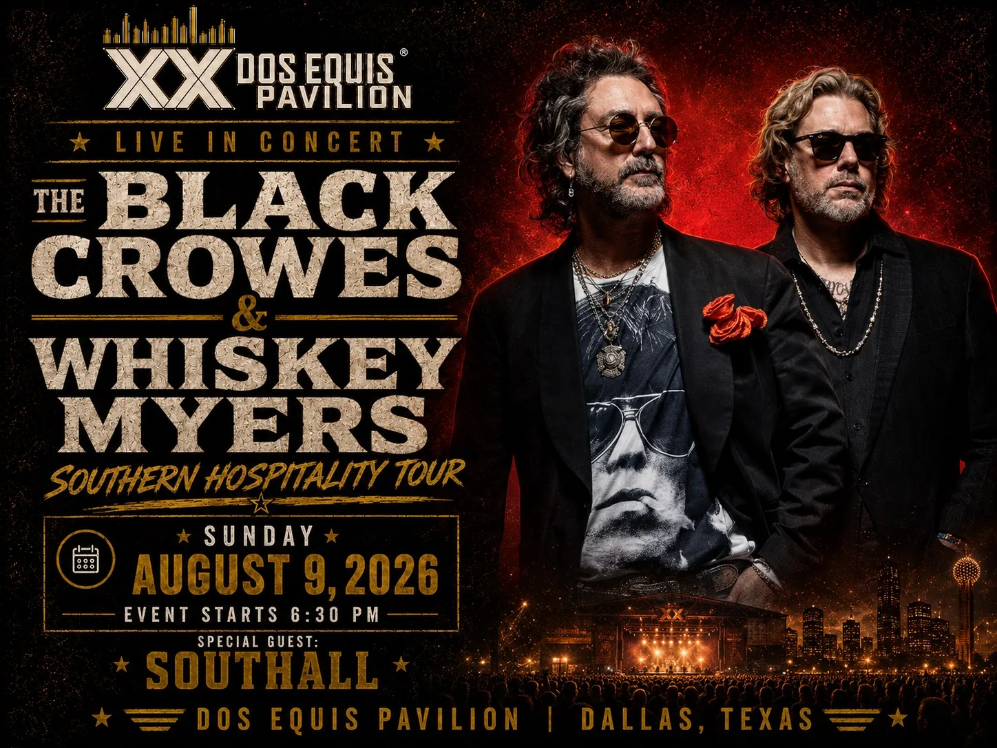 The Black Crowes & Whiskey Myers with Southall at Dos Equis Pavilion Fair Park Dallas Sunday, August 9, 2026 black car service