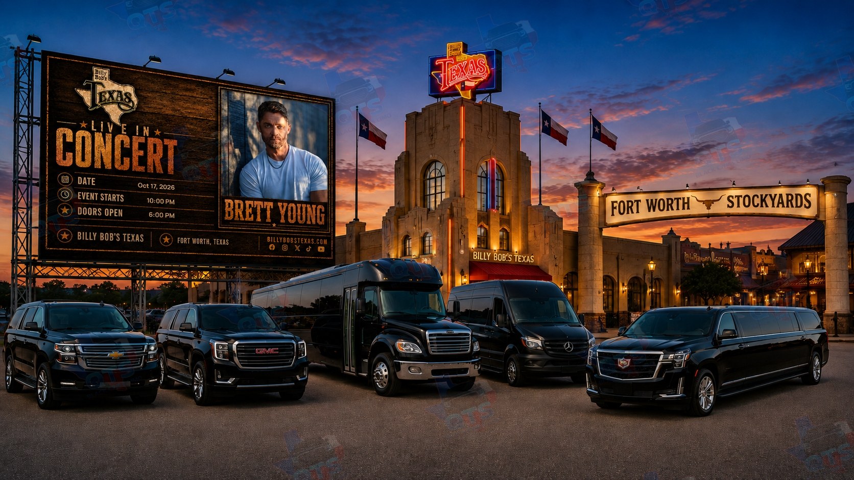 Brett Young at Billy Bob's Texas Fort Worth Stockyards Saturday, October 17, 2026 black car service