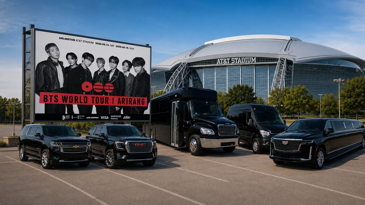 AT&T Stadium Arlington — black car & limo service for BTS Arirang August 15 2026
