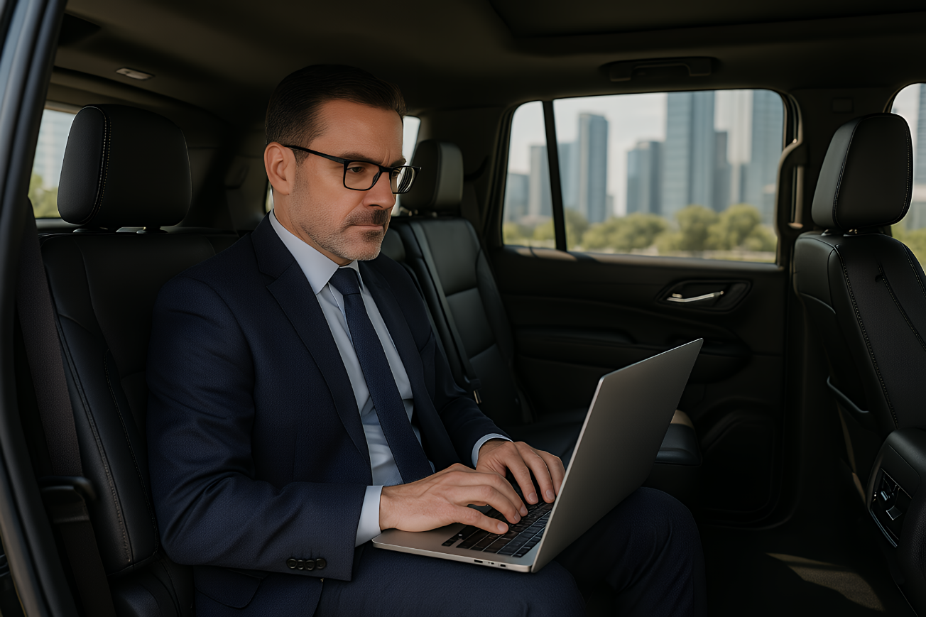 Business executive working inside a chauffeured vehicle