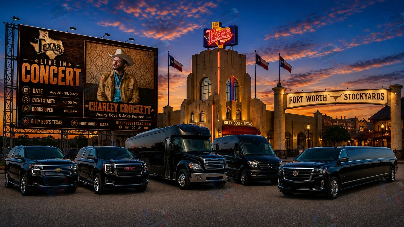 Charley Crockett at Billy Bob's Texas Fort Worth Stockyards Friday, August 28, 2026 and Saturday, August 29, 2026 black car service