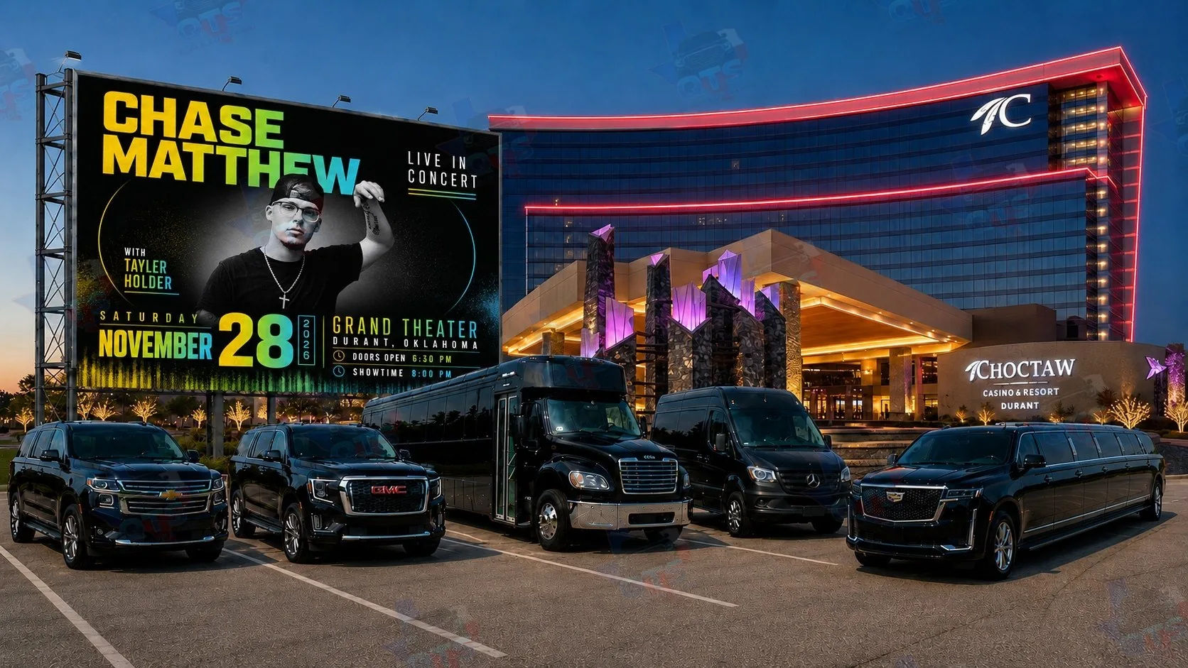 Chase Matthew with Tayler Holder at The Grand Theater at Choctaw Casino & Resort Durant OK Saturday, November 28, 2026 black car service