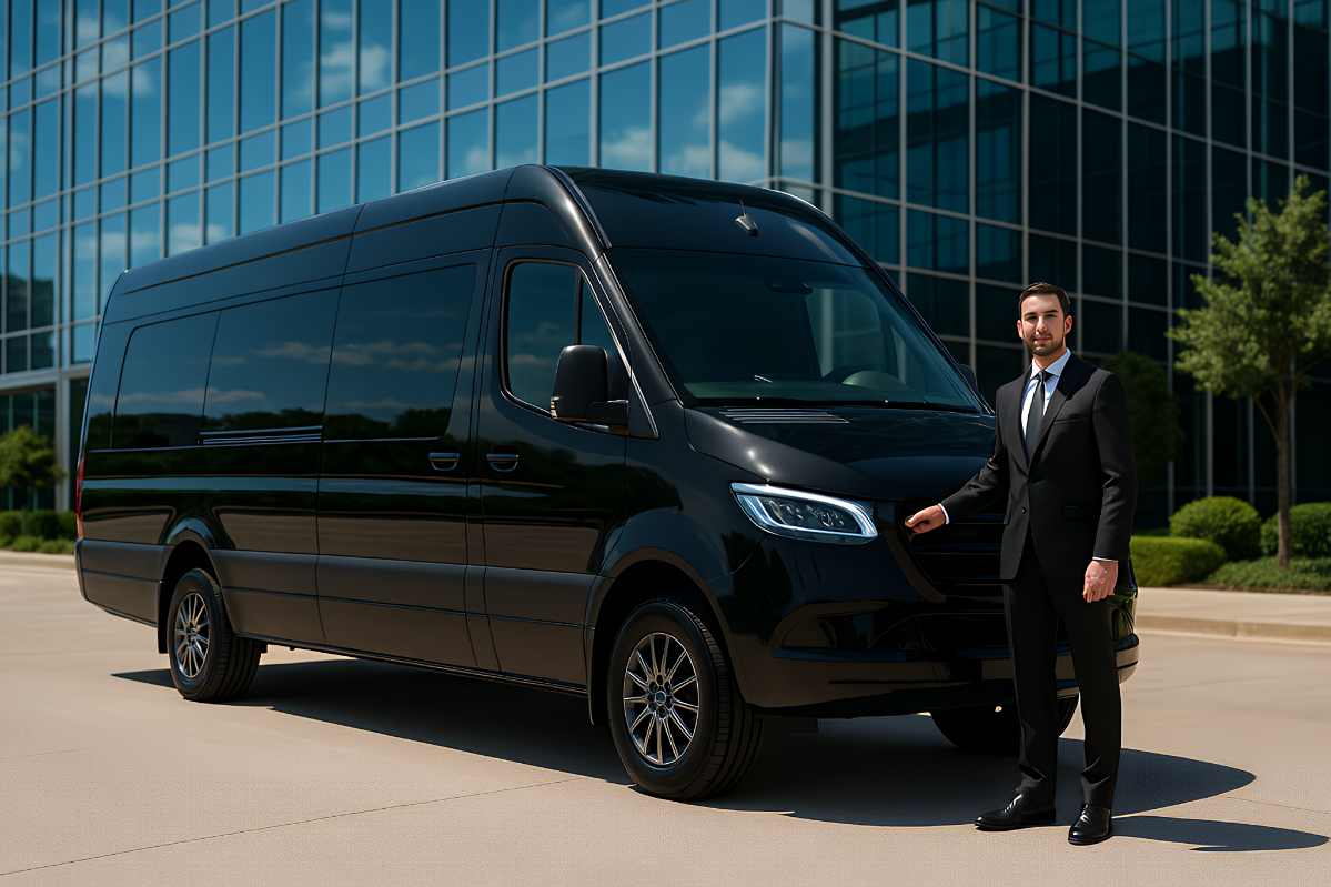 Professional QTS chauffeur in dark suit standing in front of black Mercedes Executive Sprinter ready for corporate pickup