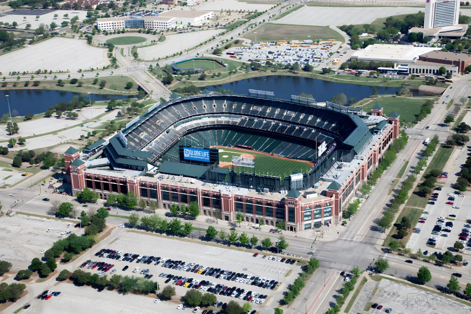 Choctaw Stadium aerial view Arlington TX for UFL football events and group transportation QTS Black Car