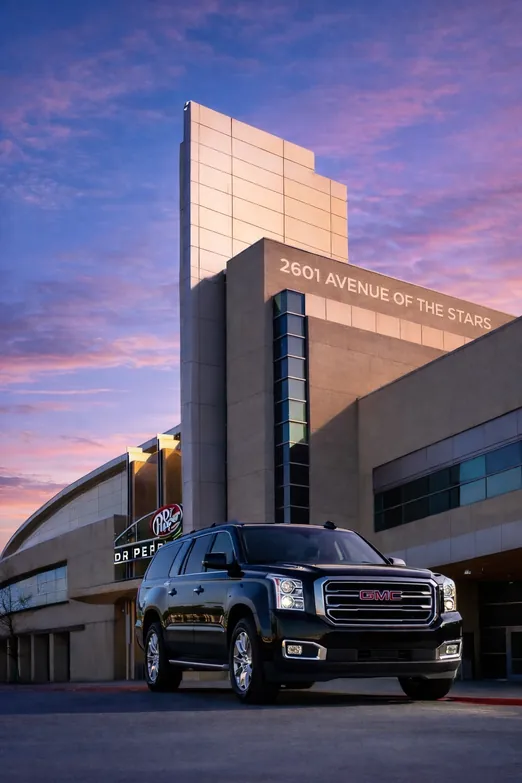 Black GMC Yukon XL chauffeur staged at Comerica Center in Frisco TX for post-event VIP pickup