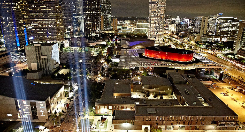 Dallas Arts District at night — a top DFW anniversary and birthday celebration destination served by QTS limousine service