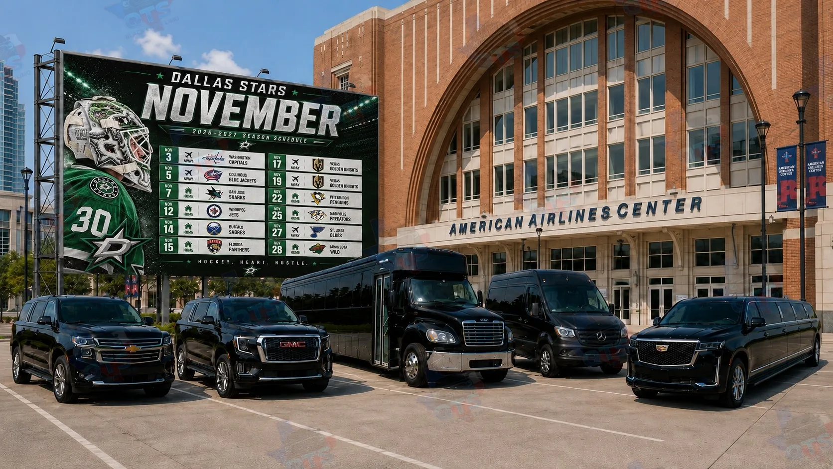 Dallas Stars November 2026 home schedule at American Airlines Center — black car and limo service from QTS