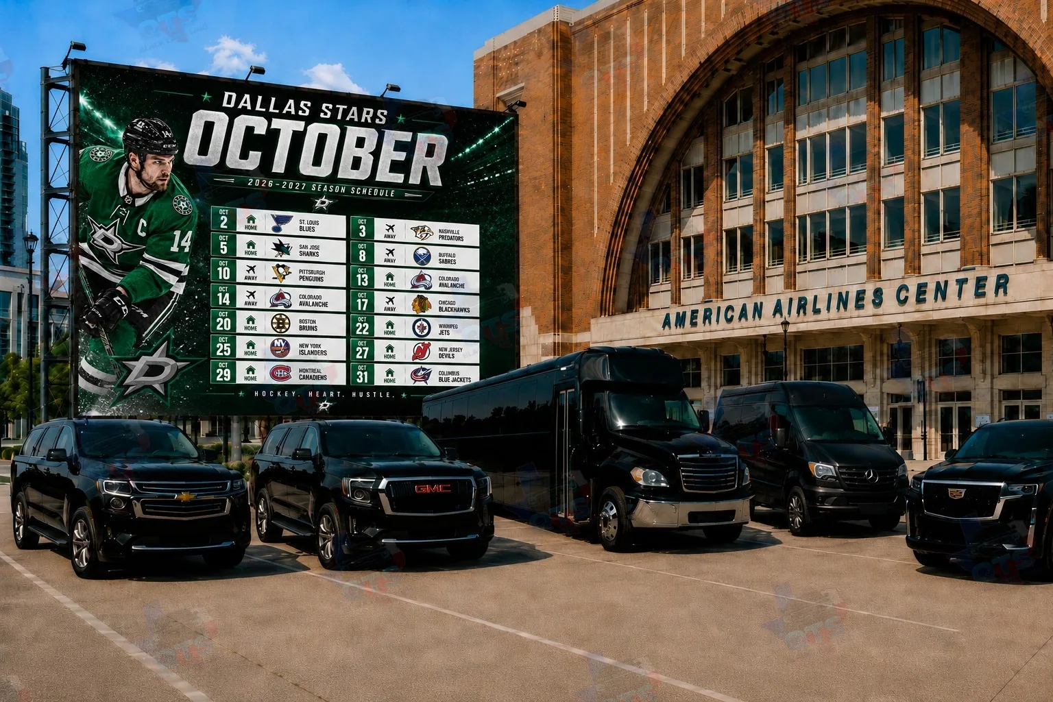 Dallas Stars October 2026 home schedule at American Airlines Center — black car and limo service from QTS