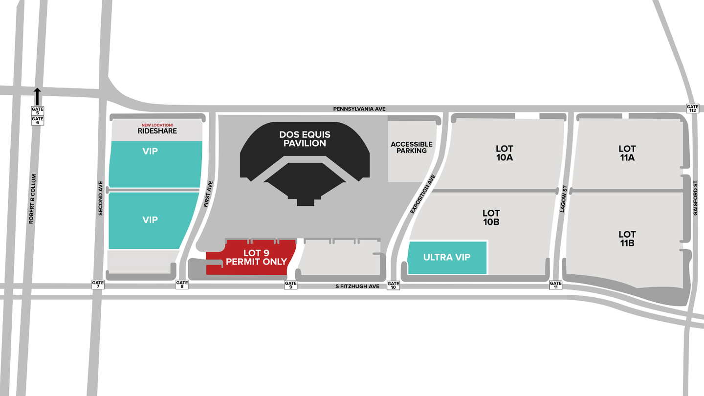 Dos Equis Pavilion parking map — lots, VIP, Ultra VIP, rideshare, and gate locations in Fair Park, Dallas