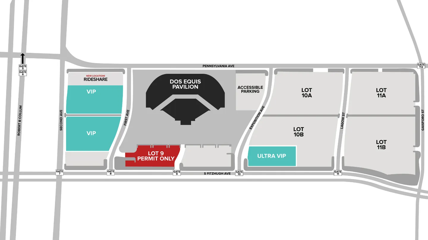 Dos Equis Pavilion parking map — lots, VIP, Ultra VIP, rideshare, and gate locations in Fair Park, Dallas