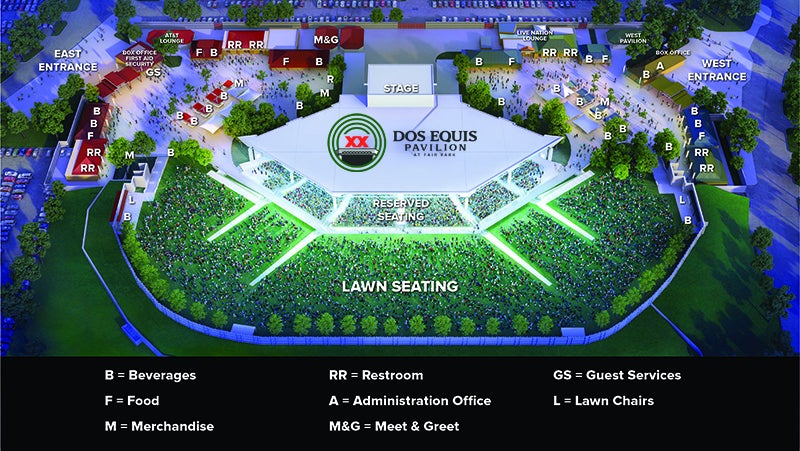 Dos Equis Pavilion seating map — stage, reserved seating, and lawn, with amenities