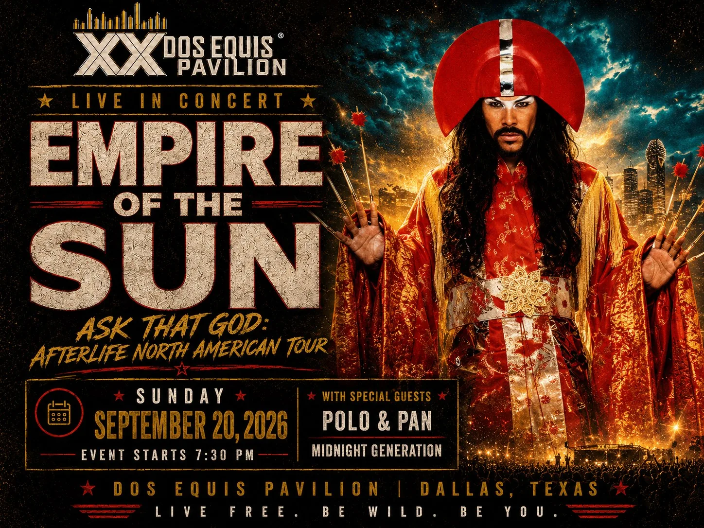 Empire of the Sun with Polo & Pan and Midnight Generation at Dos Equis Pavilion Fair Park Dallas Sunday, September 20, 2026 black car service