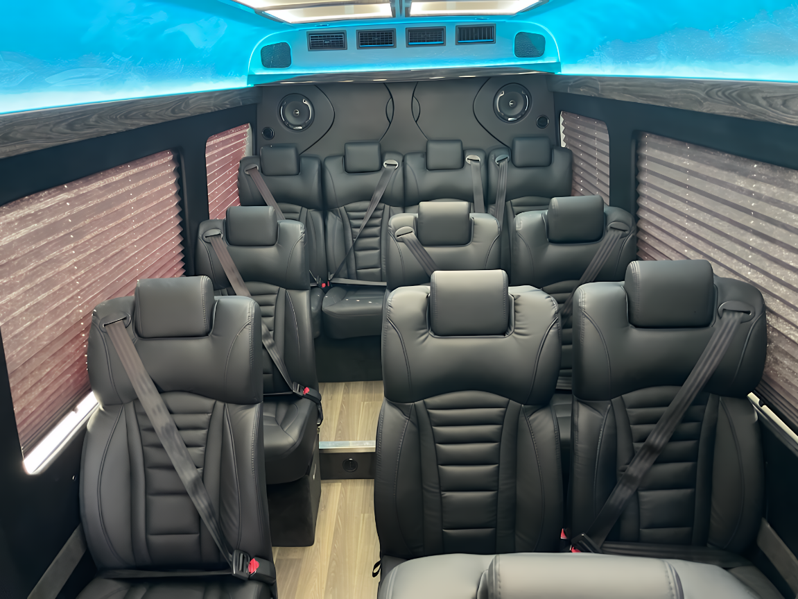 Forward-facing leather seating inside Mercedes Executive Sprinter for corporate FIFA World Cup 2026 hospitality transportation