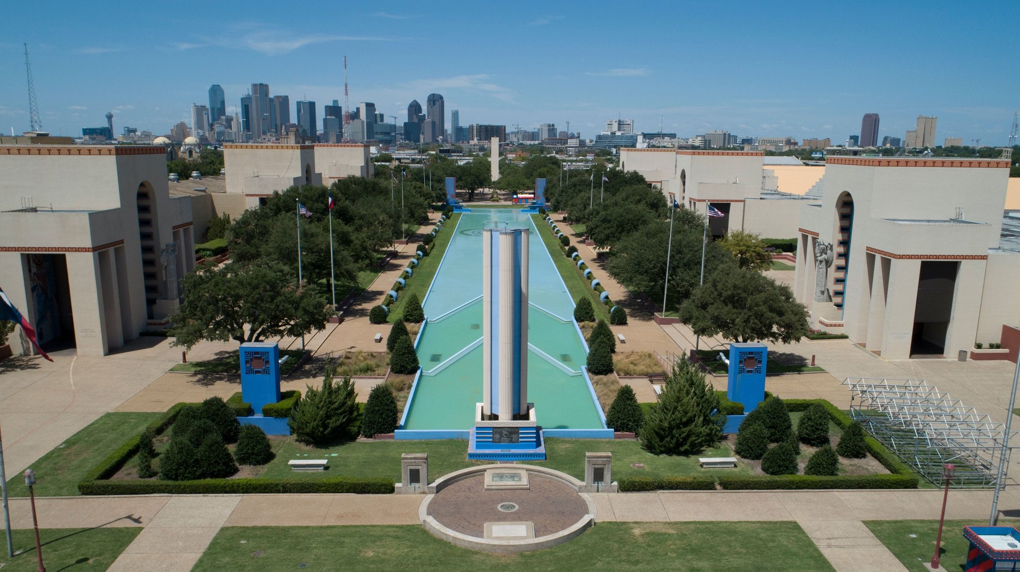 The Esplanade at Fair Park, Dallas, with the downtown skyline beyond — QTS Black Car & Limo transportation for September 2026 events