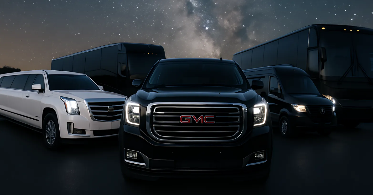 QTS black car fleet lineup — sedans, SUVs, Sprinter vans, limos and party buses in DFW