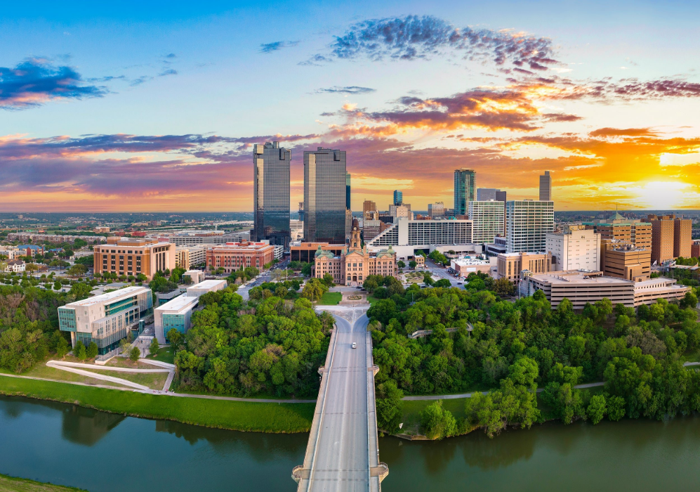 Fort Worth skyline at dusk representing Tarrant County chauffeur service coverage
