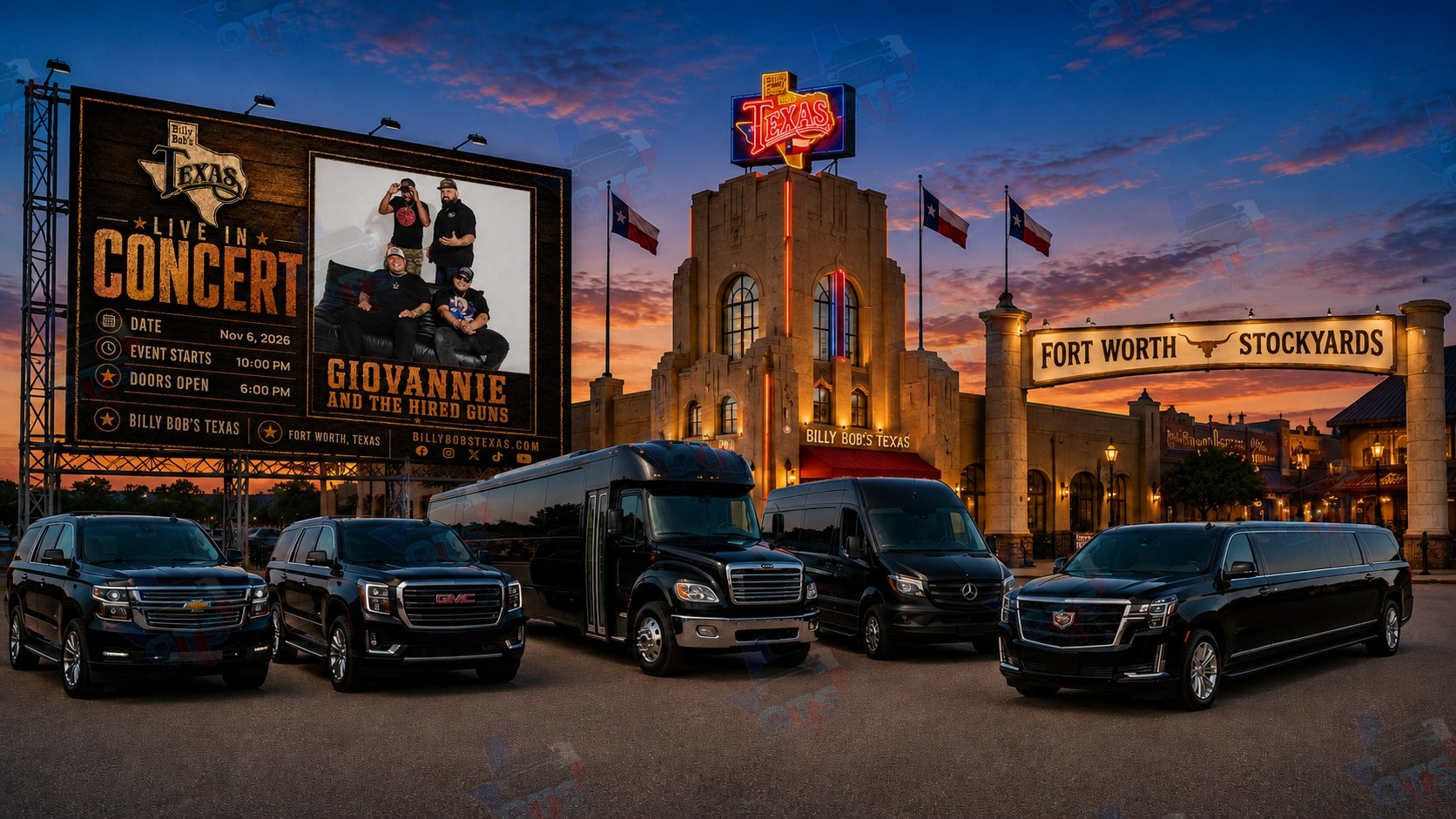 Giovannie and the Hired Guns at Billy Bob's Texas Fort Worth Stockyards Friday, November 6, 2026 black car service