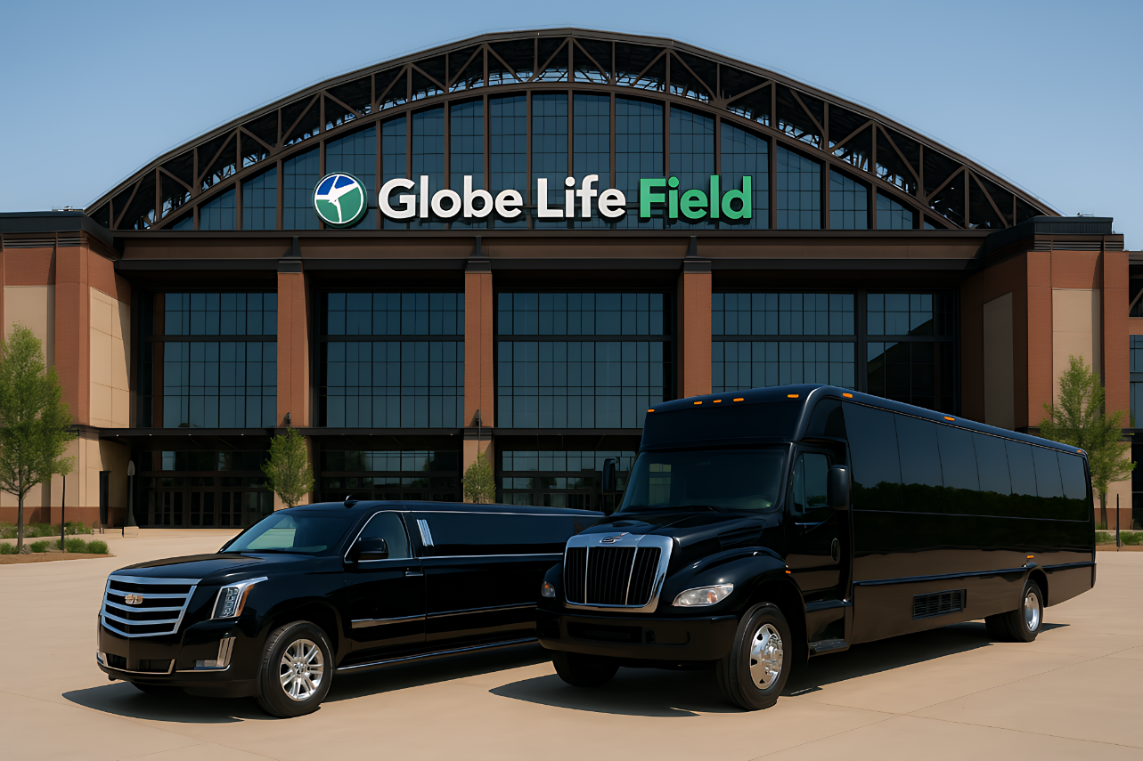 Executive bus and limousine parked outside Globe Life Field in Arlington, Texas — Texas Rangers