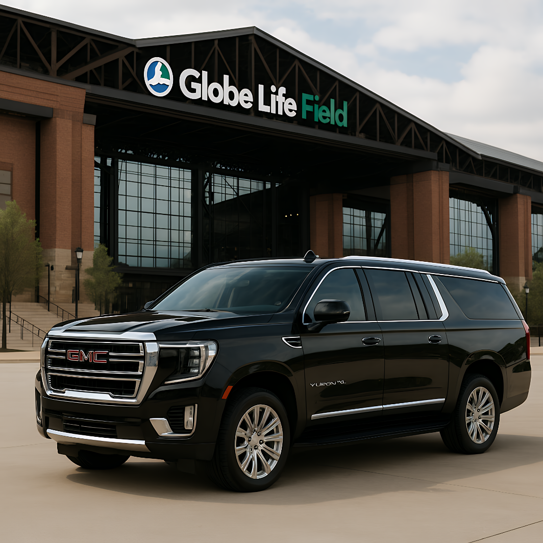 GMC SUV waiting outside Globe Life Field in Arlington for a Texas Rangers game