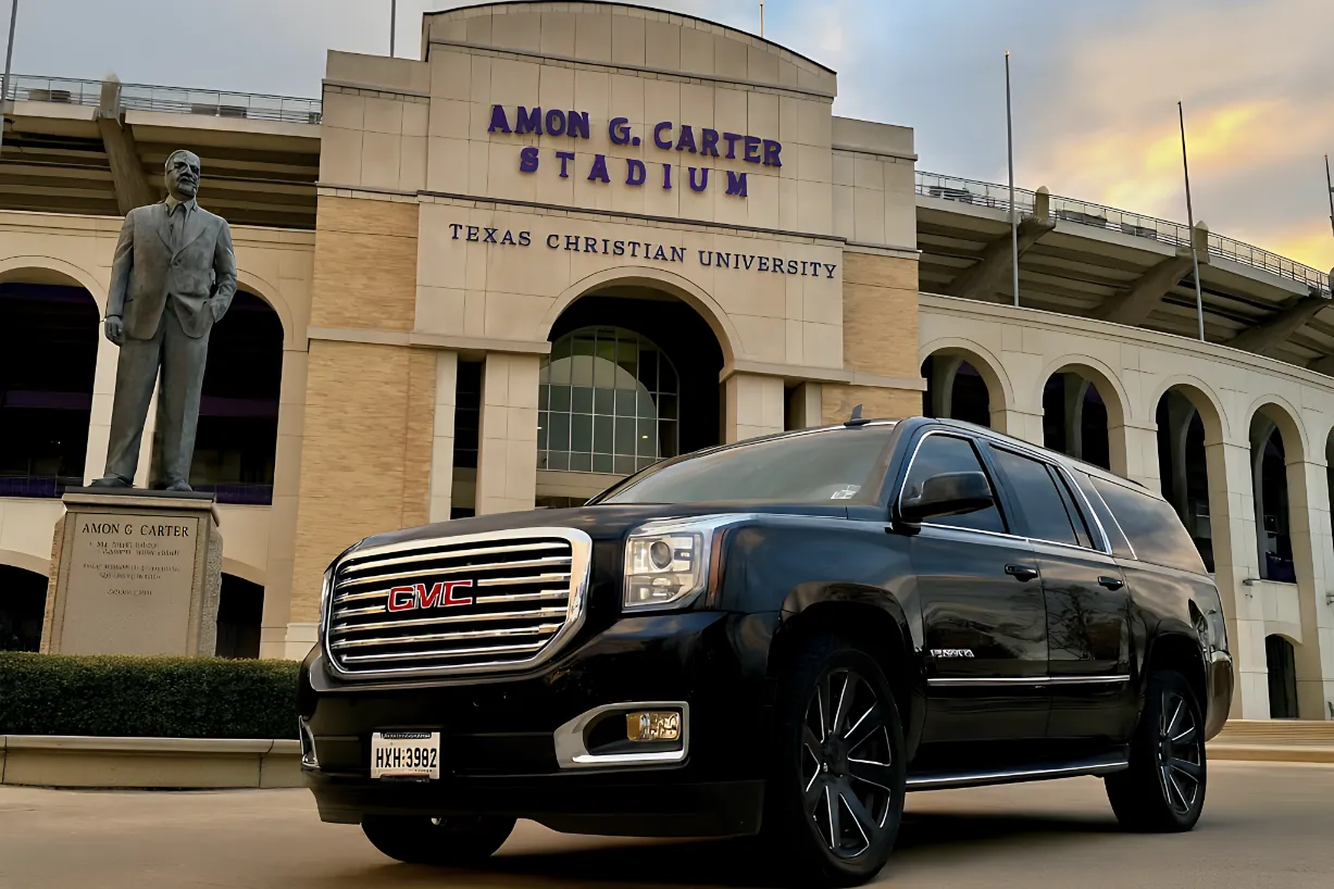 GMC Yukon XL staged at Amon G. Carter Stadium TCU for game day VIP transportation Horned Frogs football Big 12 matchups