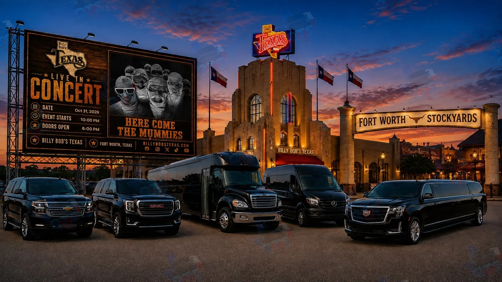 Here Come The Mummies at Billy Bob's Texas Fort Worth Stockyards Saturday, October 31, 2026 black car service