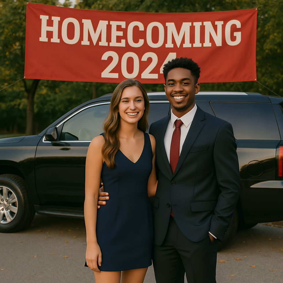 High school students in formal attire at a DFW homecoming event with a luxury black SUV