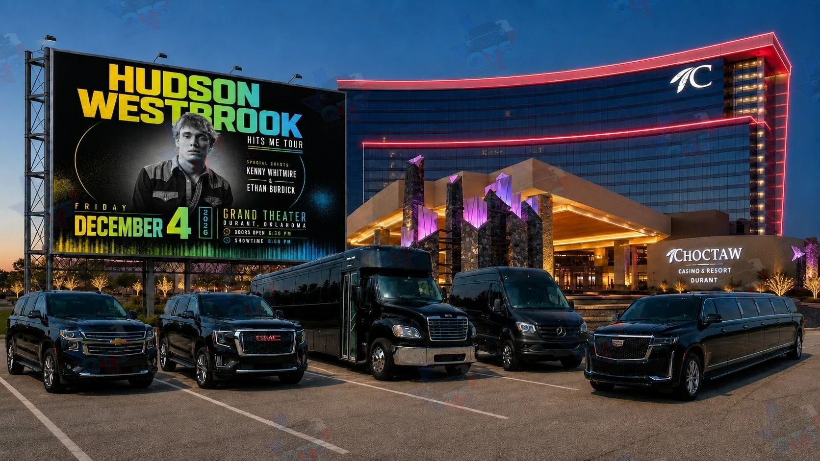 Hudson Westbrook with Kenny Whitmire & Ethan Burdick at The Grand Theater at Choctaw Casino & Resort Durant OK Friday, December 4, 2026 black car service