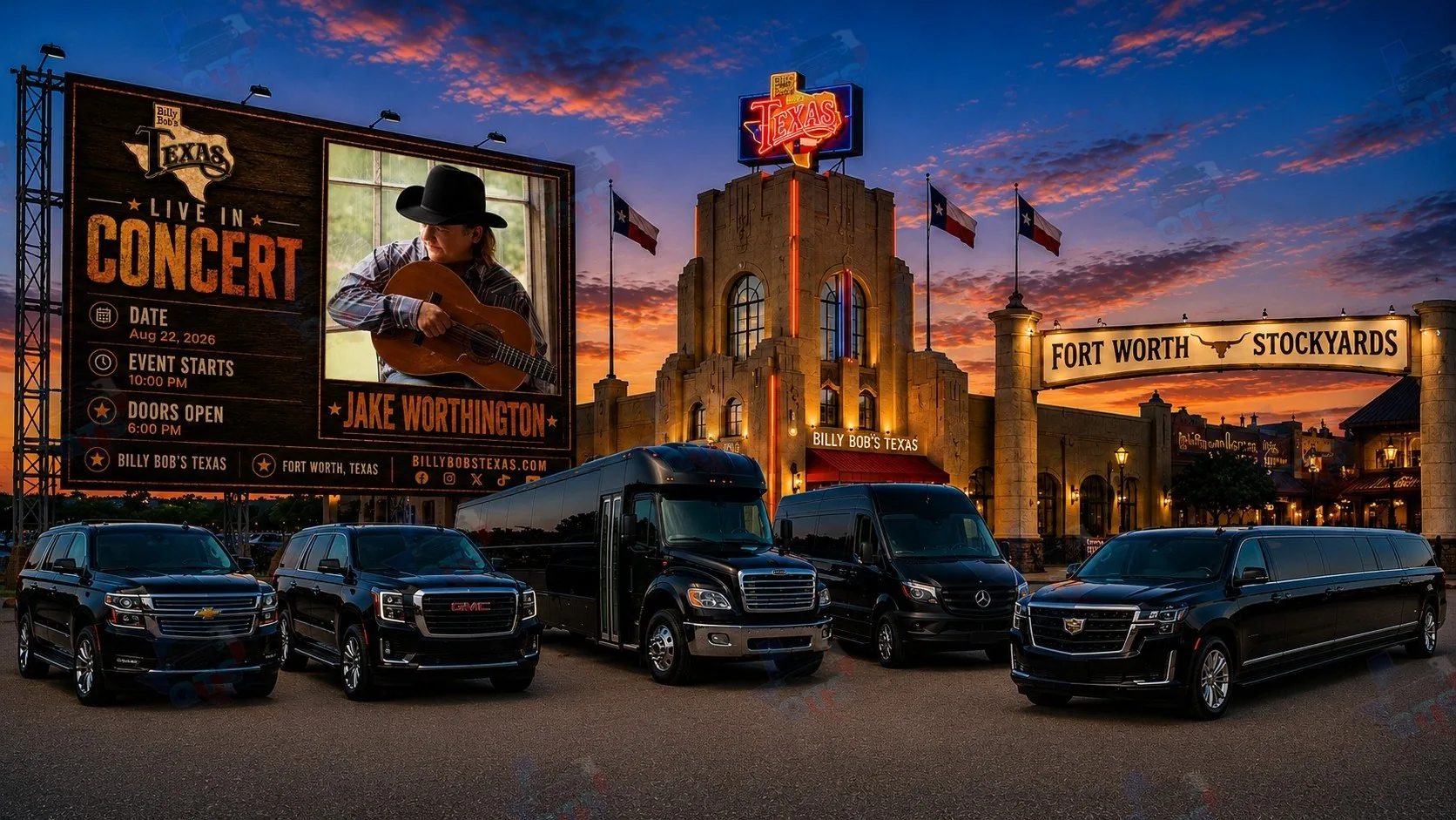 Jake Worthington at Billy Bob's Texas Fort Worth Stockyards Saturday, August 22, 2026 black car service