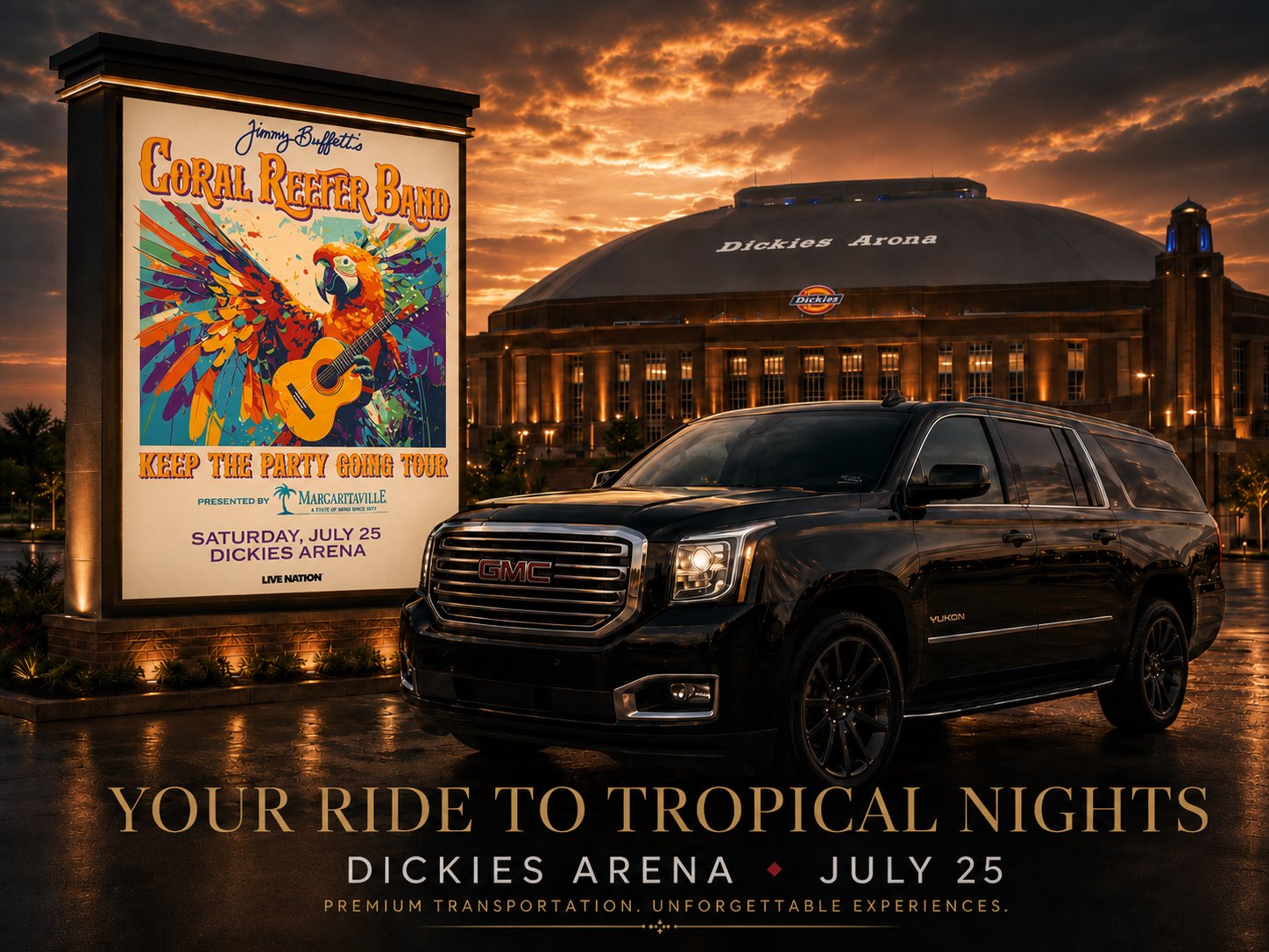 Dickies Arena Fort Worth — black car service for Jimmy Buffett's Coral Reefer Band July 25 2026
