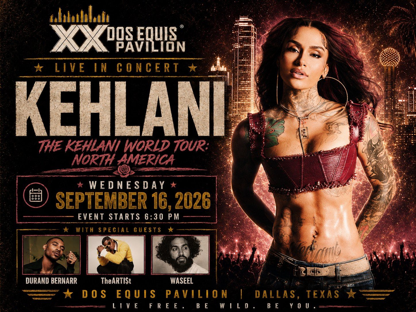 Kehlani with Durand Bernarr, TheARTI$t, WASEEL & Isaia Huron at Dos Equis Pavilion Fair Park Dallas Wednesday, September 16, 2026 black car service