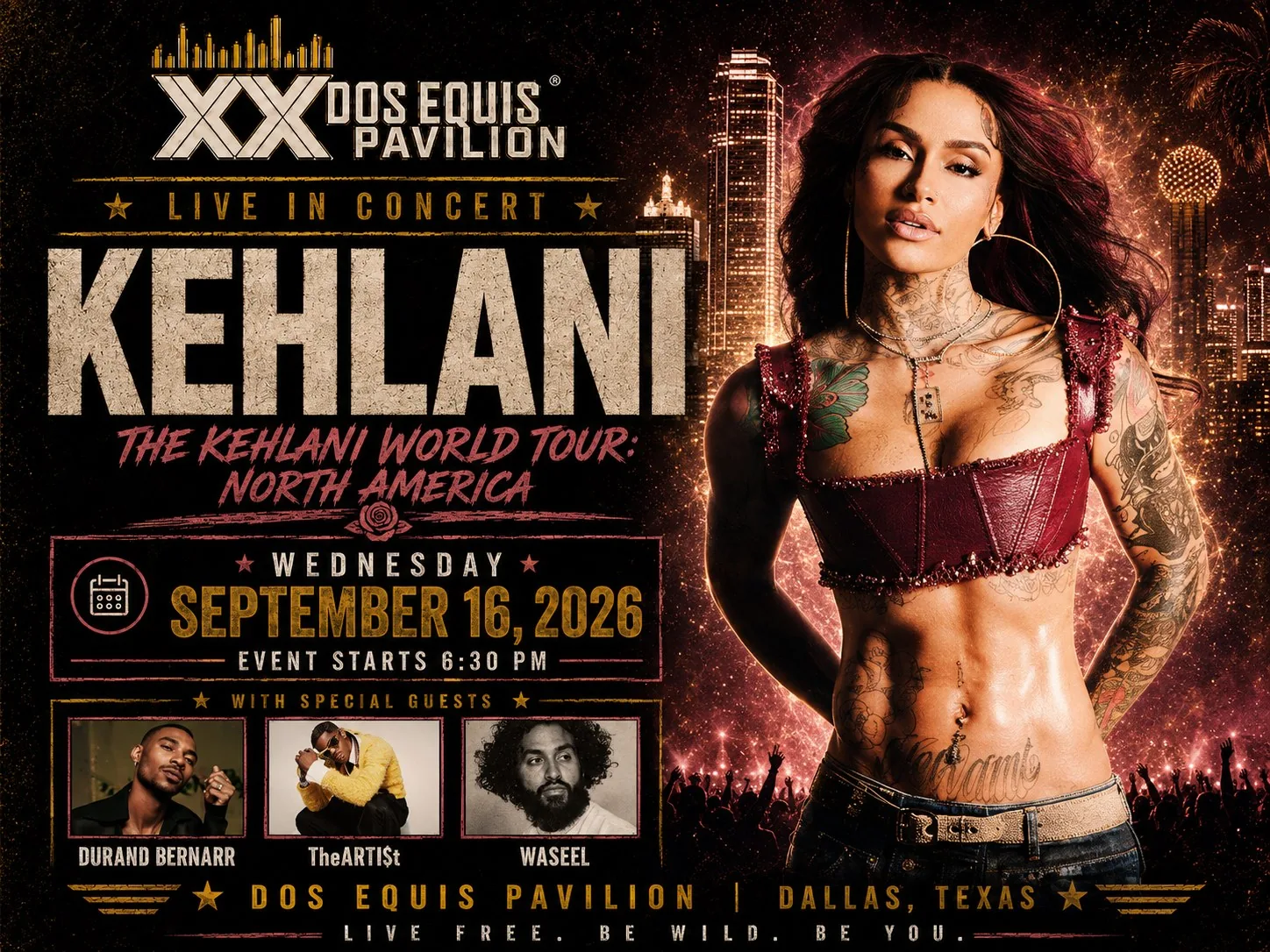 Kehlani with Durand Bernarr, TheARTI$t, WASEEL & Isaia Huron at Dos Equis Pavilion Fair Park Dallas Wednesday, September 16, 2026 black car service